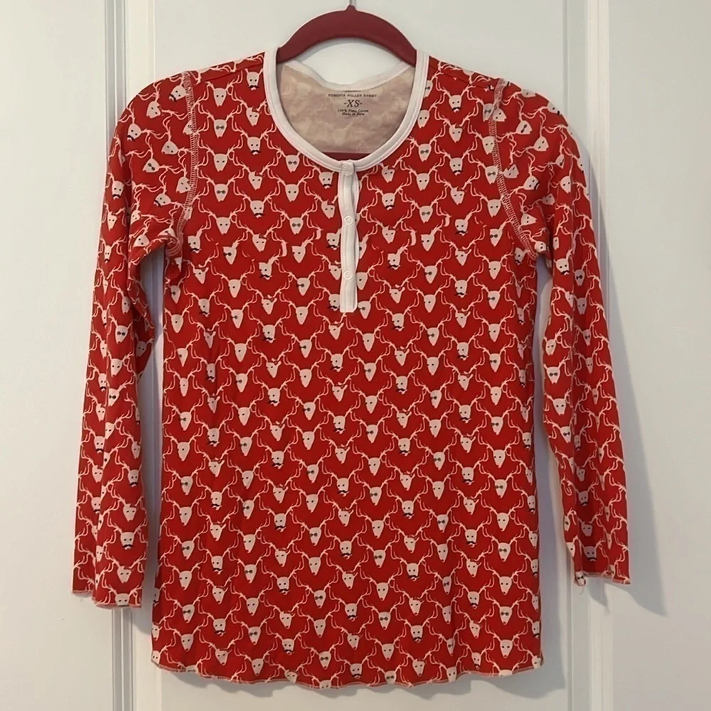 Roberta Roller Rabbit 100% Pima Cotton Red Mustache Deer Print Reindeer Top XS